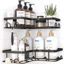 Sakugi Corner Shower Caddy - 2 Pack, Adhesive Shower Organizers, Rustproof Stainless Steel Shower Shelves with 8 Hooks, No Drilling Bathroom Organizers and Storage Racks, Space-Saving, Black, Medium