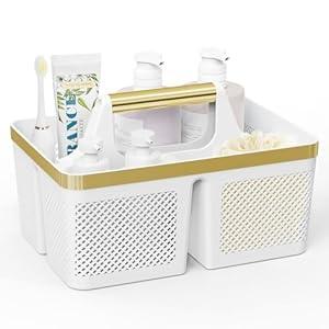 BYUNER Plastic Shower Caddy Portable: Bathroom Caddy Organizer with Handle and Holes, Bath Caddy for College Dorm, Shower Basket Tote for Toiletry, Makeup, Travel, RV, Camp Essentials White/ Gold
