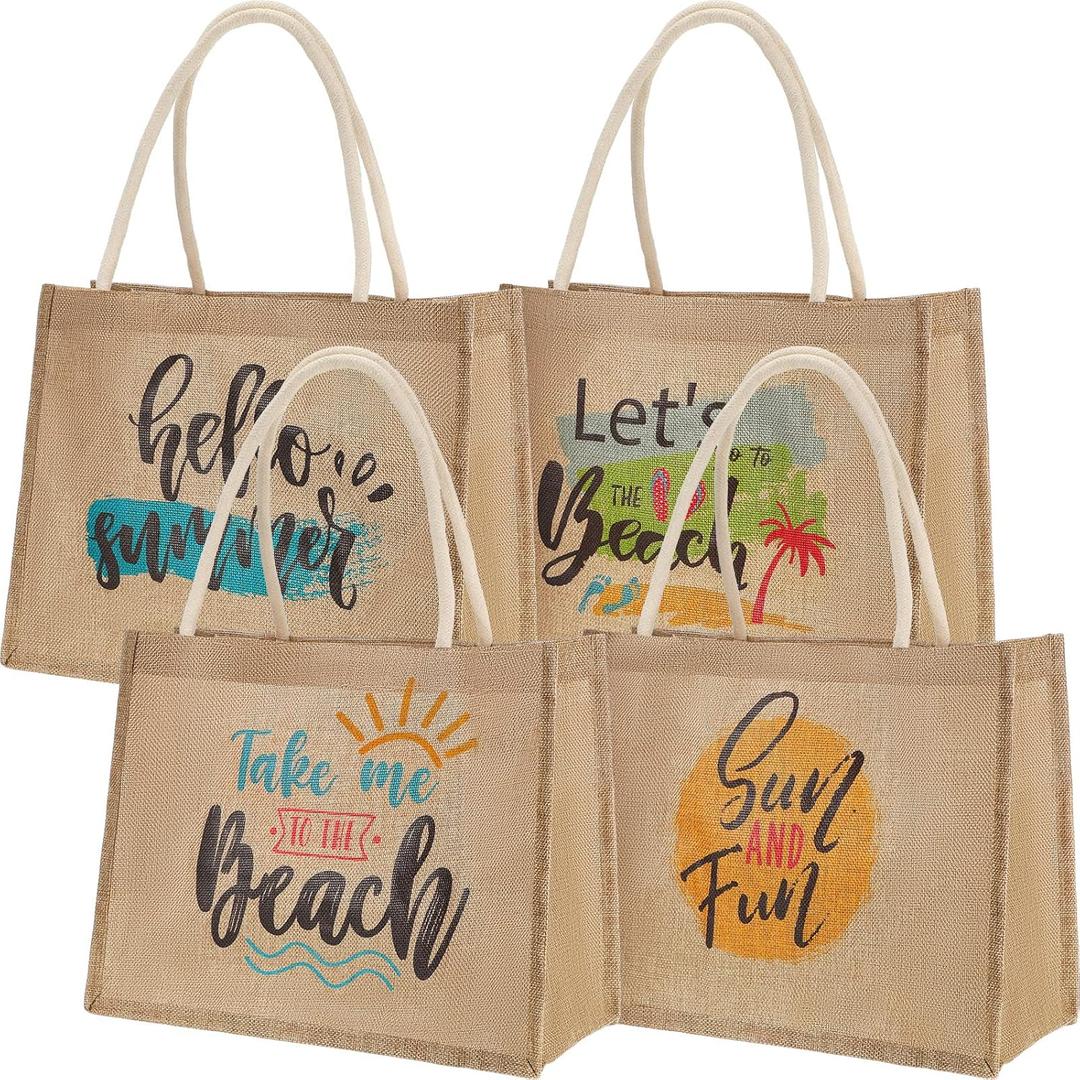Sweetude Burlap Tote Bags with Handles for Women Burlap Tote Summer Straw Beach Bag 13.8 x 5.9 x 10.6 Inches