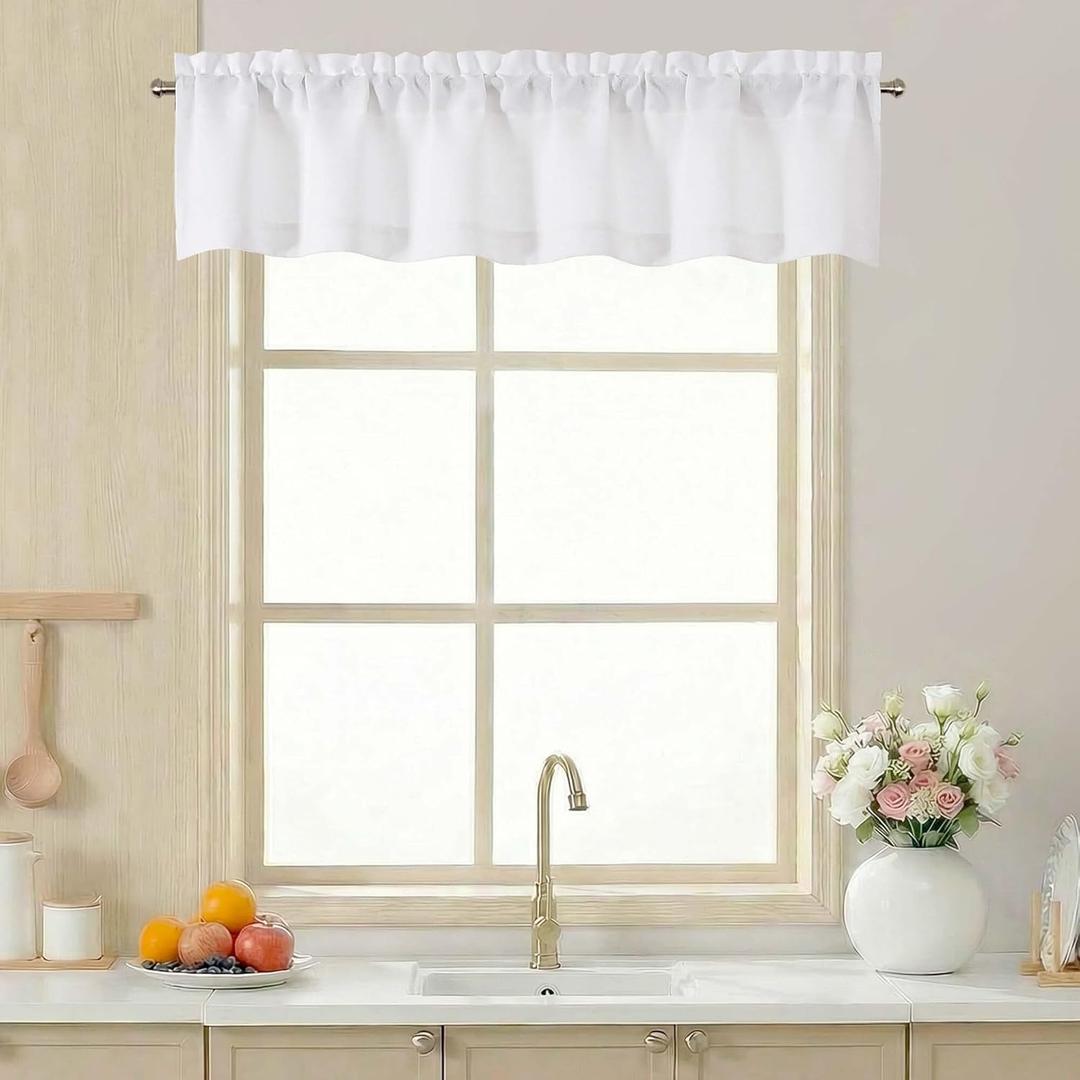 LIVEKID White Valance for Windows - Light Filtering Thick Textured Small Short Valance Kitchen Curtain, Dual Rod Pocket Top Short Window Curtain for Bathroom Basement, 1 Piece, 52Wx12L Inch
