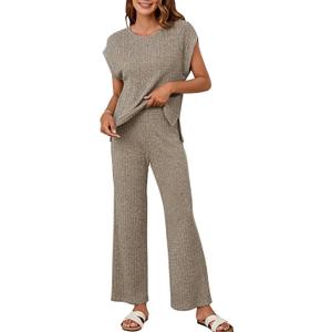 NORACORA 2 Piece Lounge Sets for Women Sweater Knit Cap Sleeve Tops Wide Leg Pants Set Casual Loungewear Matching Outfits, Light Purple, XXL