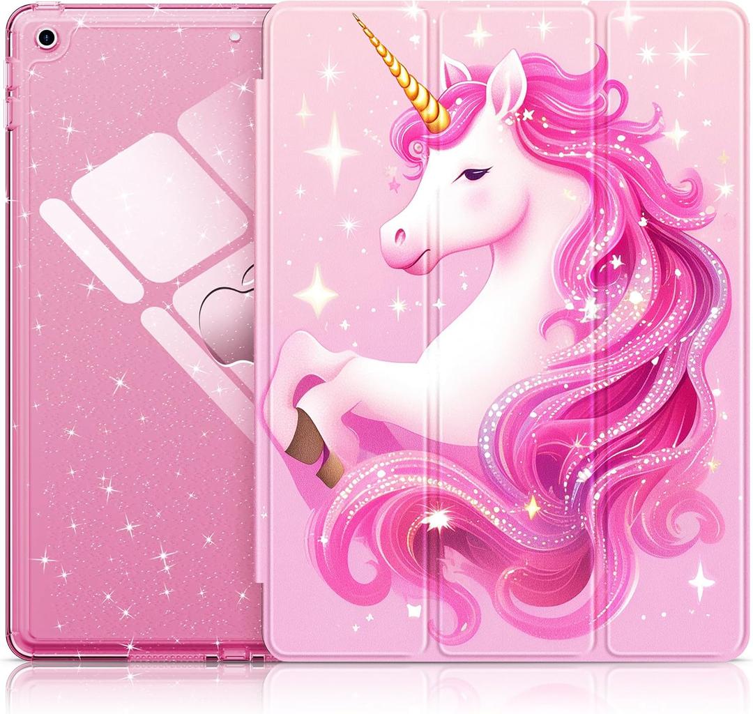 INFILAND for iPad 9th Generation 2021/ iPad 8th Generation 2020/ iPad 7th Generation 2019 Case 10.2 inch, Glitter Cover with Clear Back, Pencil Holder for Kids Girls (Pink Unicorn Dream)