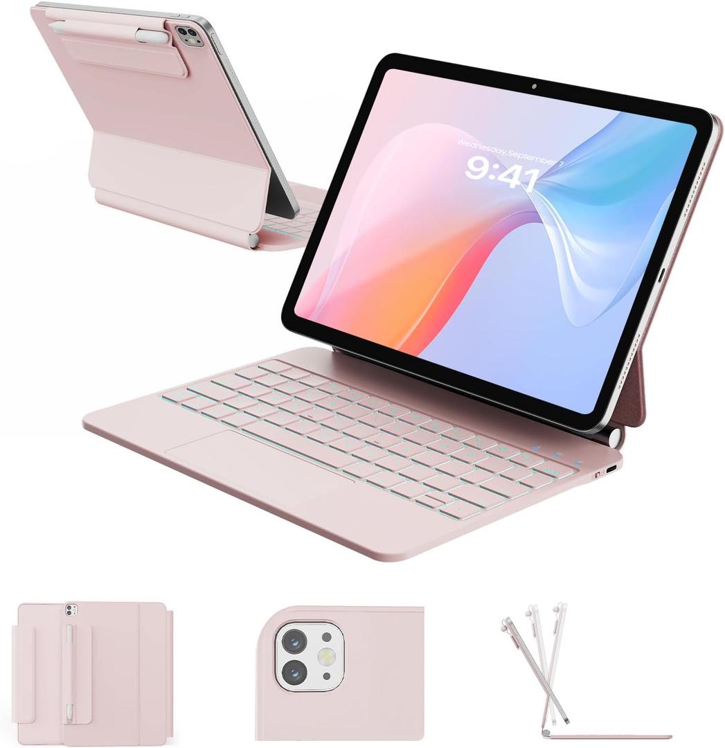 RAYMCRAFT for iPad Air 11 inch Case with Keyboard (M4/M3/M2, 2026/2025/2024), iPad Pro 11 (4th/3rd/2nd/1st Gen) & Air 5/4th Magic Keyboard Case, 11 Colors Backlit, Multi-Touch Trackpad, Pink