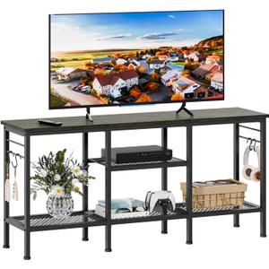 Furologee TV Stand for TVs up to 55 Inch, Entertainment Center with Open Storage Shelves, Media Console Table with Soundbar Shelf for Living Room, Bedroom, Black Oak
