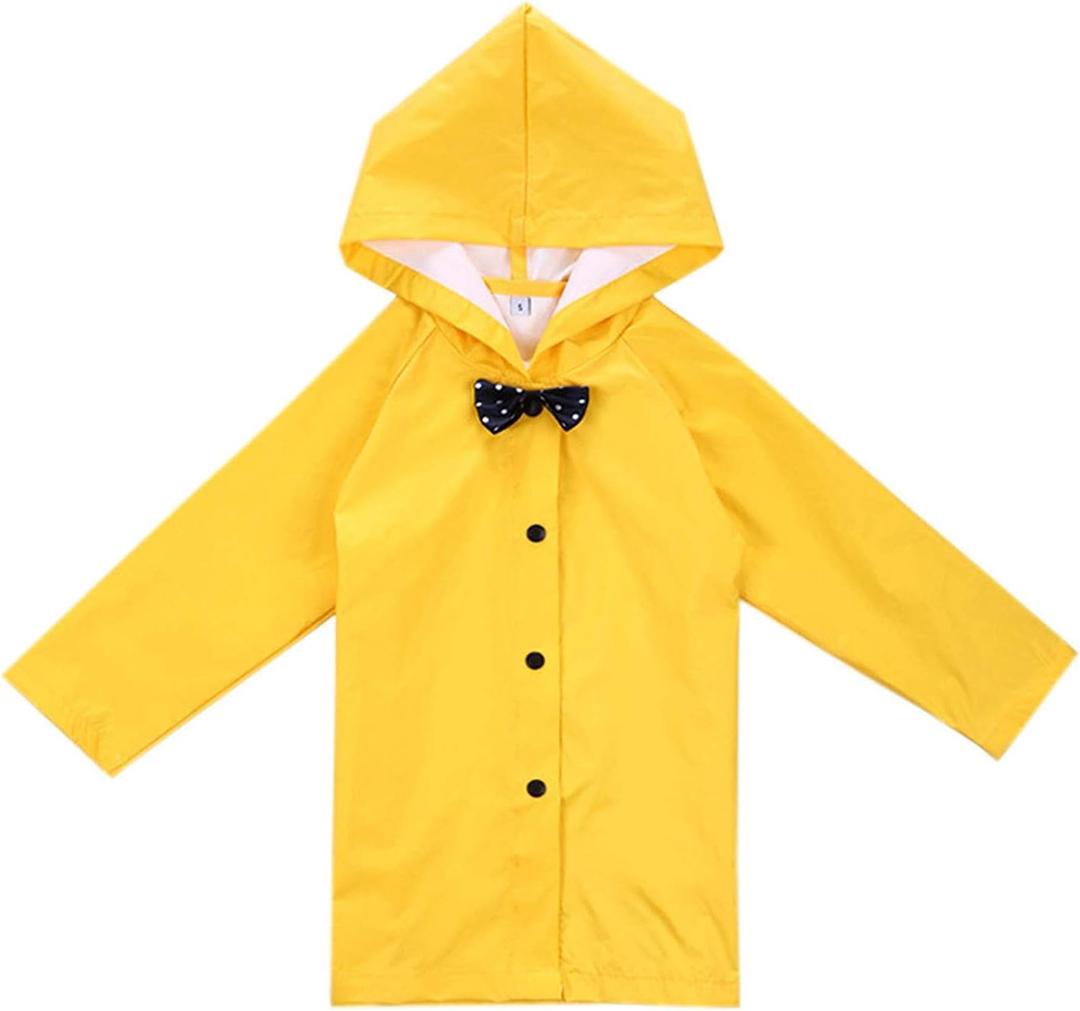 Age 2-10 Years Kids Hooded Button Down Long Jacket Bow Rainwear Lightweight Raincoat (Yellow)
