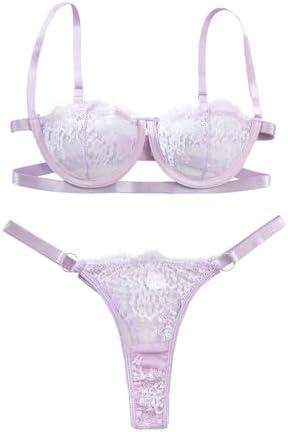 Lilosy Sexy Eyelash Underwire Floral Lace Sheer O Ring Linked Cutout Lingerie Set,M
