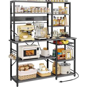 SUPERJARE Larger Bakers Rack with Power Outlets, 6-Tier Microwave Stand, Coffee Bar with 12 S-Shaped Hooks, Kitchen Shelf with Wire Basket, 47.2 x 15.5X 66.9 Inches, Grey