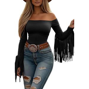 Off The Shoulder Fringe Tops for Women Western Cowgirl Outfits Stretchy Fall Long Sleeve Crop Tassel Shirts Y2K (Small, 01-black)