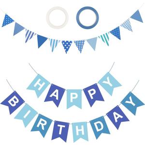 Blue Happy Birthday Banner With 12Pcs Pennant Flags, Paper Bunting for Kids Adults Party Supplies (Blue Pull Flag + Small Color Flag)