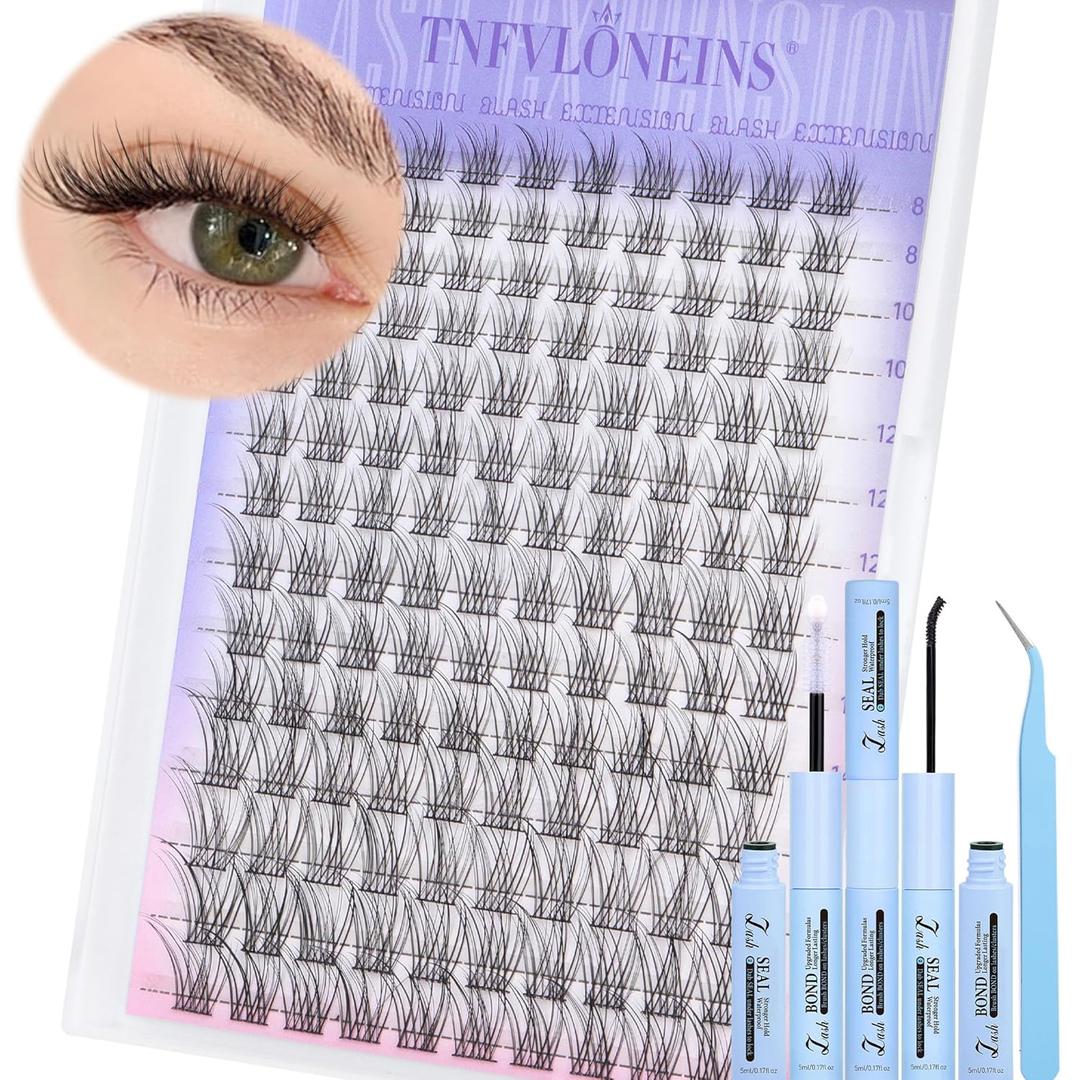 TNFVLONEINS Lash Clusters Kit Natural Eyelash Extension Kit Wispy Lash Extension Kit Soft Cluster Eyelash Extensions Individual Lashes Kit DIY Eyelash Clusters Kit with Bond and Seal and Tweezers