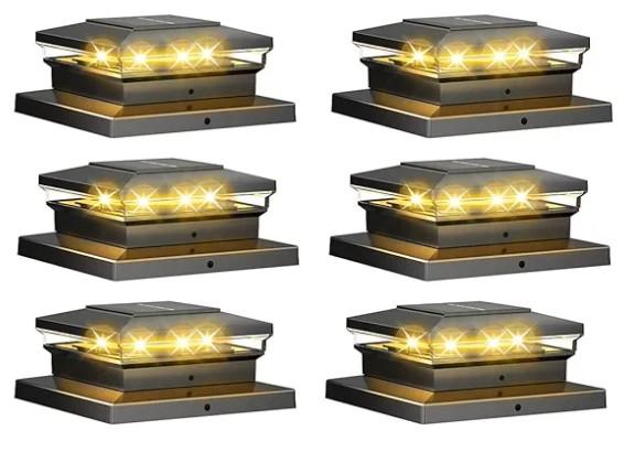 Solar Post Cap Lights 6 Pack, Fence Post Solar Lights, Warm White/Cool White Lighting, Black Waterproof Outdoor Post Lights for Garden Patio Porch, 4x4, 5x5 or 6x6 Vinyl/Wooden Posts