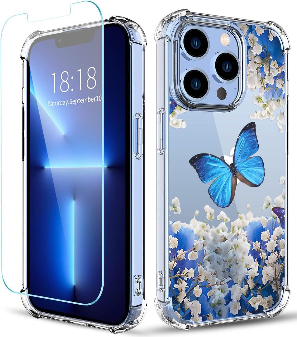 Flower Pattern Designed for iPhone 13 Pro Max Case[with Screen Protector], Floral Clear Women Phone Case Shockproof Protective Soft TPU Bumper Cover 6.7 Inch 2021 (Butterfly/Blue)