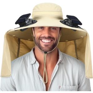 Chuarry Wide Brim Sun Hat with 2 Fan Outdoor Solar Powered USB Charging Fishing Hat with Neck Flap for Men Women (Khaki)