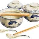 Ceramic Ramen Bowl Set, 800ml, with Lid, Spoon and Chopsticks, Japanese Vintage Large Soup Bowls Instant Noodle Bowl Asian Tableware (Fish*2)