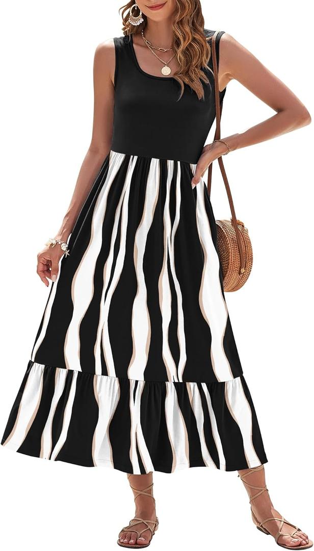 AUSELILY Womens Summer Dresses 2026 Sleeveless Maxi Dress Square Neck Casual Tiered Long Dress with Pockets (XL)