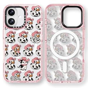 Rosarnnah for iPhone 16 Case Cute - Compatible with Magsafe - Durable Shockproof 6.6 ft Drop Impact Phone Case - Funny Milk Cow Ducky Design (6.1") Glitter Pink