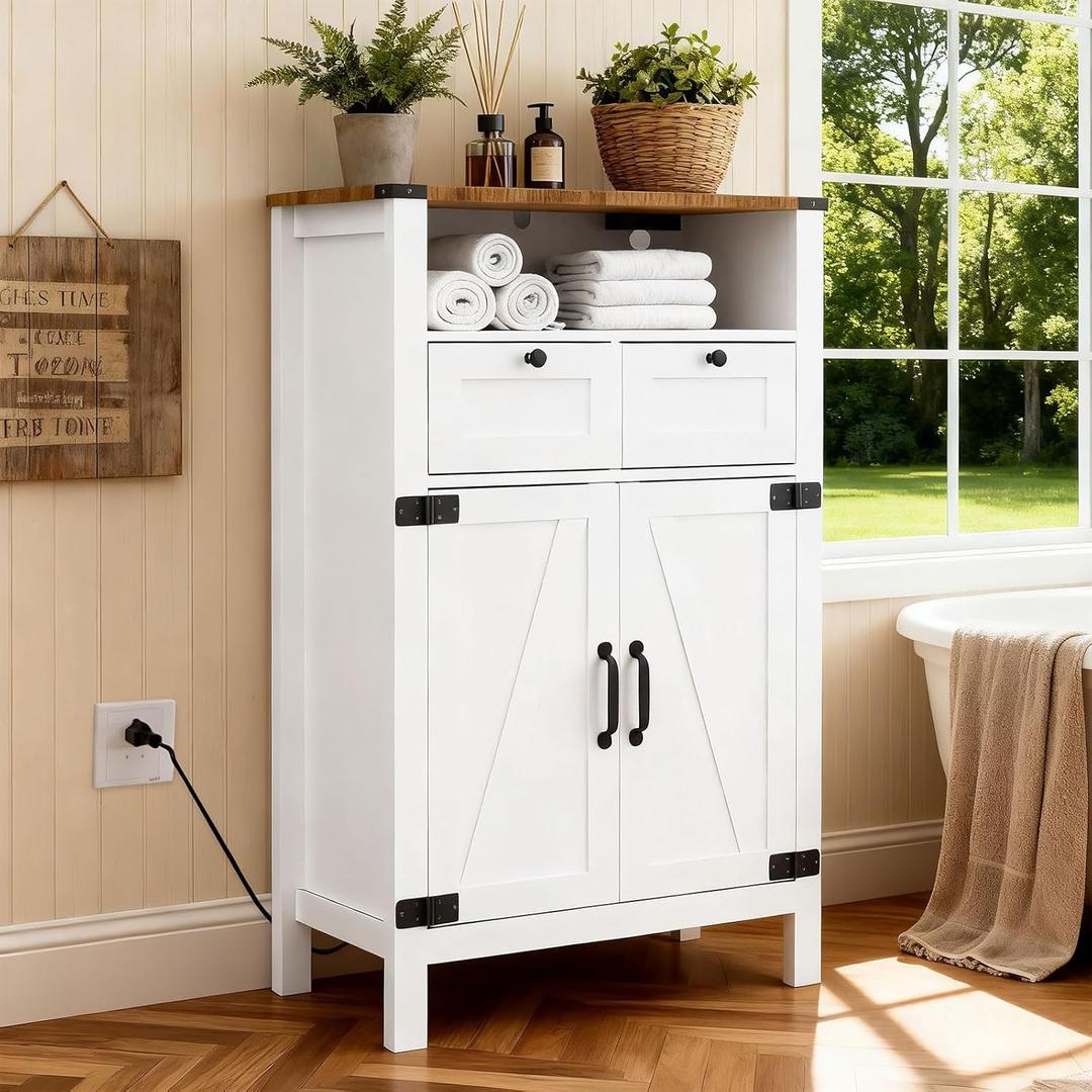 Bathroom Floor Cabinet with Outlets, Farmhouse White Cabinet with Doors, Drawer, Bathroom Storage Cabinet Hutch Cupboard Organizer for Kitchen Pantry, Laundry, Entryway, Rustic
