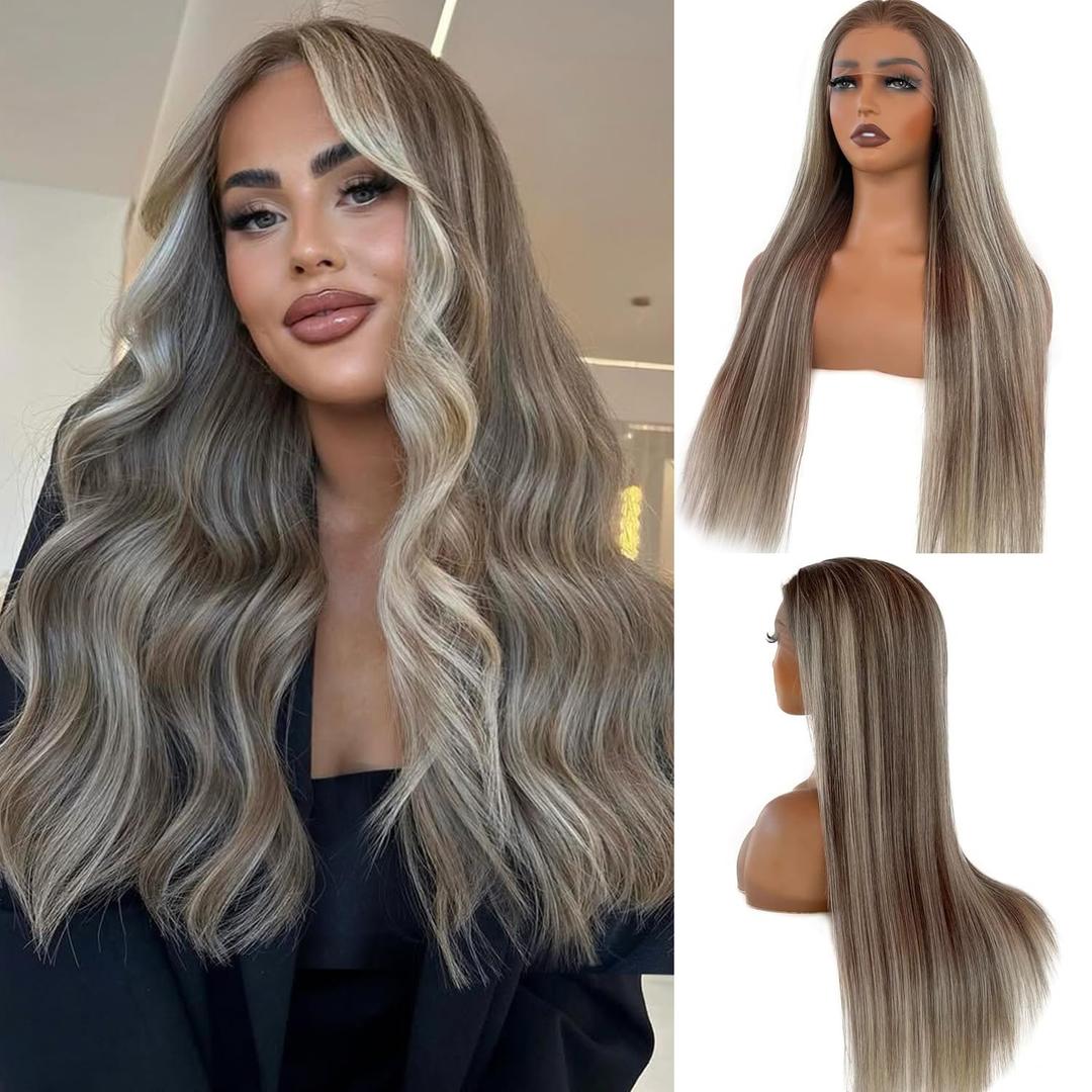Highlight Ombre Bleach Blonde Lace Front Wigs for Women, 13x6 HD Lace Frontal Human Hair Wig Balayage Walnut Brown Mixed #613 Blonde Glueless Pre Plucked 18 Inch 150% Density Wigs with Tiny Knots