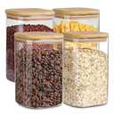 Glass Storage Containers with Airtight Bamboo Lids Set of 4,Pantry Food Storage Container,Perfect for Kitchen Organization-Flour, Rice, Pasta, Sugar, Coffee Beans, Accessories Included (4 packs(50oz))