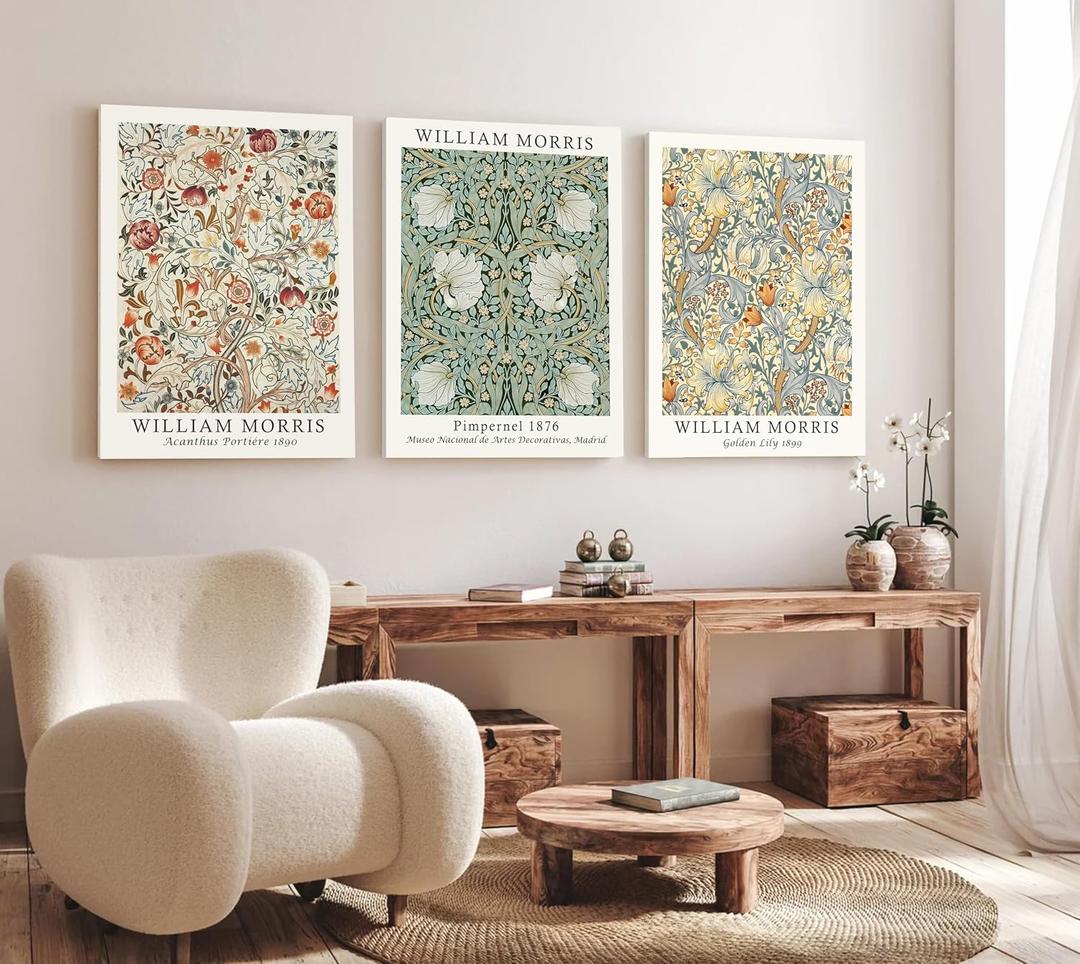 Induslyfe Large Framed Flower Wall Art Canvas Decor Set of 3, William Morris Framed Prints Mid Century Modern Art, Aesthetic Floral Botanical Wall Art for Bedroom Living Room Bathroom 18x24