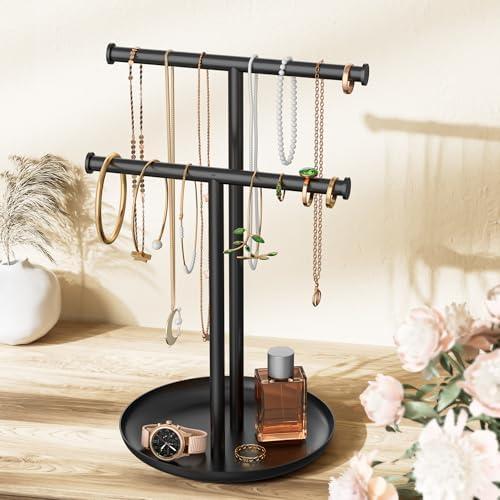 Jasopaco Necklace Rack Stand with Storage Tray - 2 Rods T-Shaped Jewelry Holder Stand for Bracelets, Earrings, Rings | Elegant Vanity & Dresser Top Storage for Women, Black.