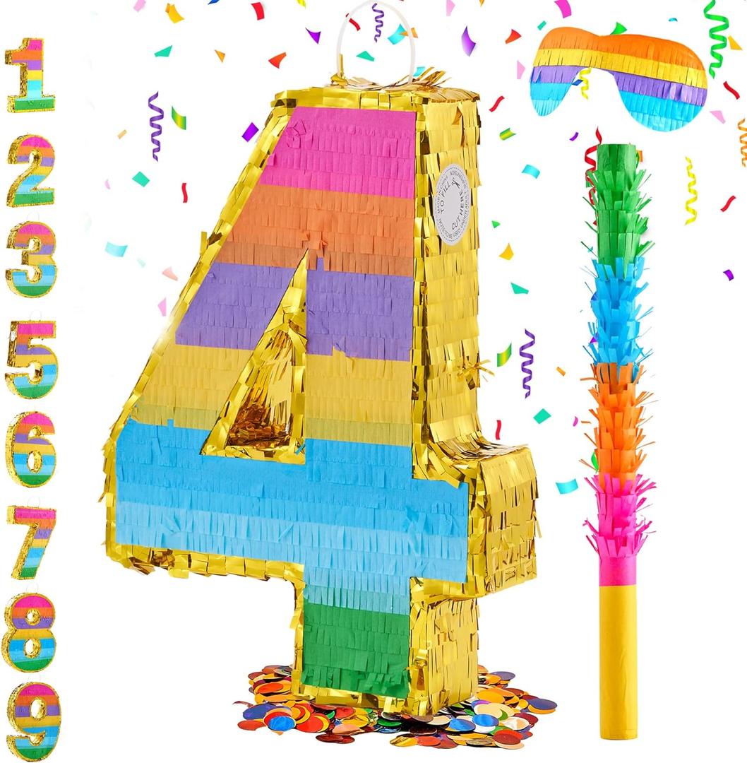 Rainbow Number 4 Pinata for 4th Birthday Party Decorations, Birthday Pinata with Stick Blindfold and Confetti, Kids Anniversary Celebration, Fiesta (Small, 16.5 x 11.5 x 3 In)