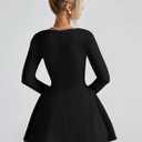 YMDUCH Women's Sexy Long Sleeve Sweetheart Neck A-line Ruffle Hem Party Club Mini Dress (Black, L)