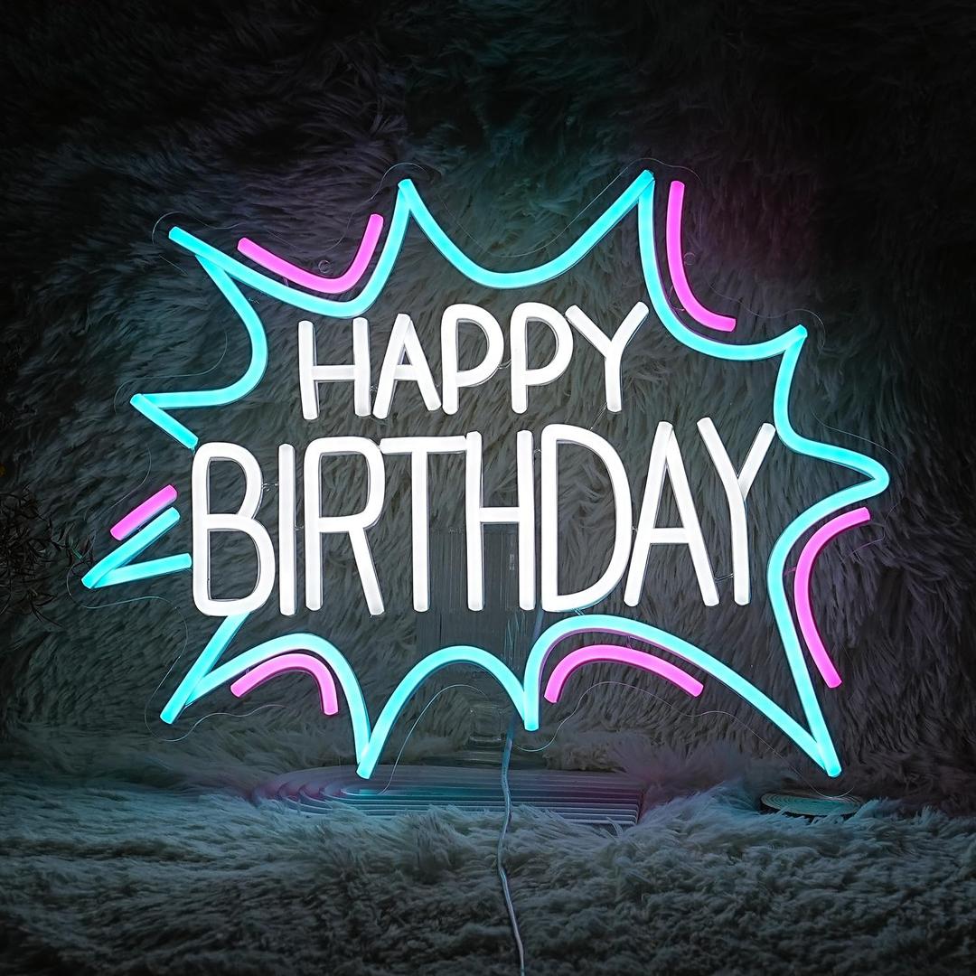 Happy Birthday Neon Sign Dimmable Celebrate Birthday Neon Light Powered by USB Gleaming LED Happy Birthday Lignt Up Sign for Birthday Paty Decoration Bedroom Birthday Gifts(16.7*12.8) (White Ice Blue Pink)