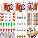 12 Set Sport Party Favors Football Basketball Soccer Baseball Goodie Bags Include Cups with Straw Mini Stress Ball Keychains Bracelets Whistles Stickers Pencils for Party Birthday Supply