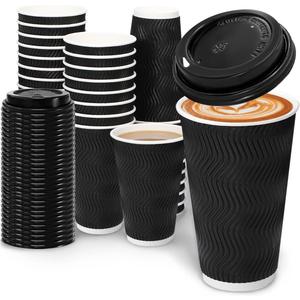 100 Pack 16 oz Coffee Cups with Lids, Disposable Insulated Hot Cups To Go Paper Coffee Cups, Corrugated Ripple Wall Cup for Hot Drink, Office, Coffee Bar (Black 16 oz)