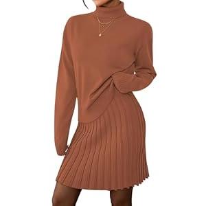 Pink Queen 2025 Women's 2 Piece Sweater Outfits Set Long Sleeve High Neck Top Pleated Mini Skirt Ribbed Knit Brown M