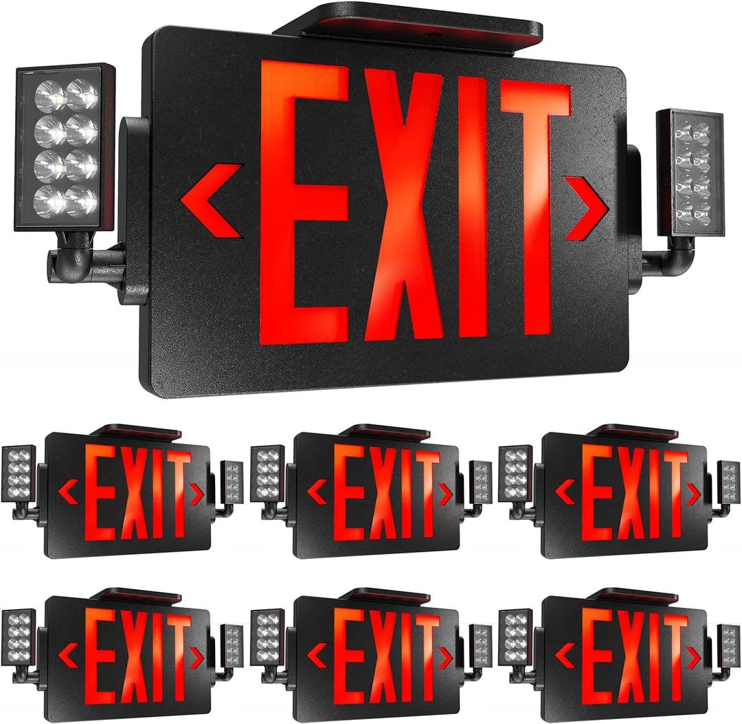 Sunco 6 Pack Black Exit Signs With Emergency Lights, Two Adjustable LED Lights, 94V-0 Fire Resistant, Backup Battery, 120-277V, Wall Or Ceiling Mount, Commercial Grade UL.