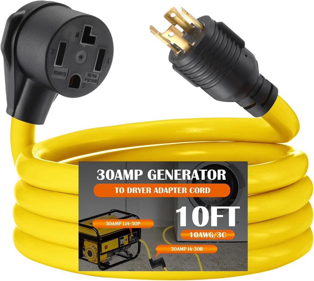 10FT 30A Generator to Dryer Adapter Cord Compatible with NEMA L14-30P to 14-30R, 4-Prong Locking Male to 3-Prong New Dryer Female, 125/250V Heavy-Duty STW 10AWG/4C, ETL Listed