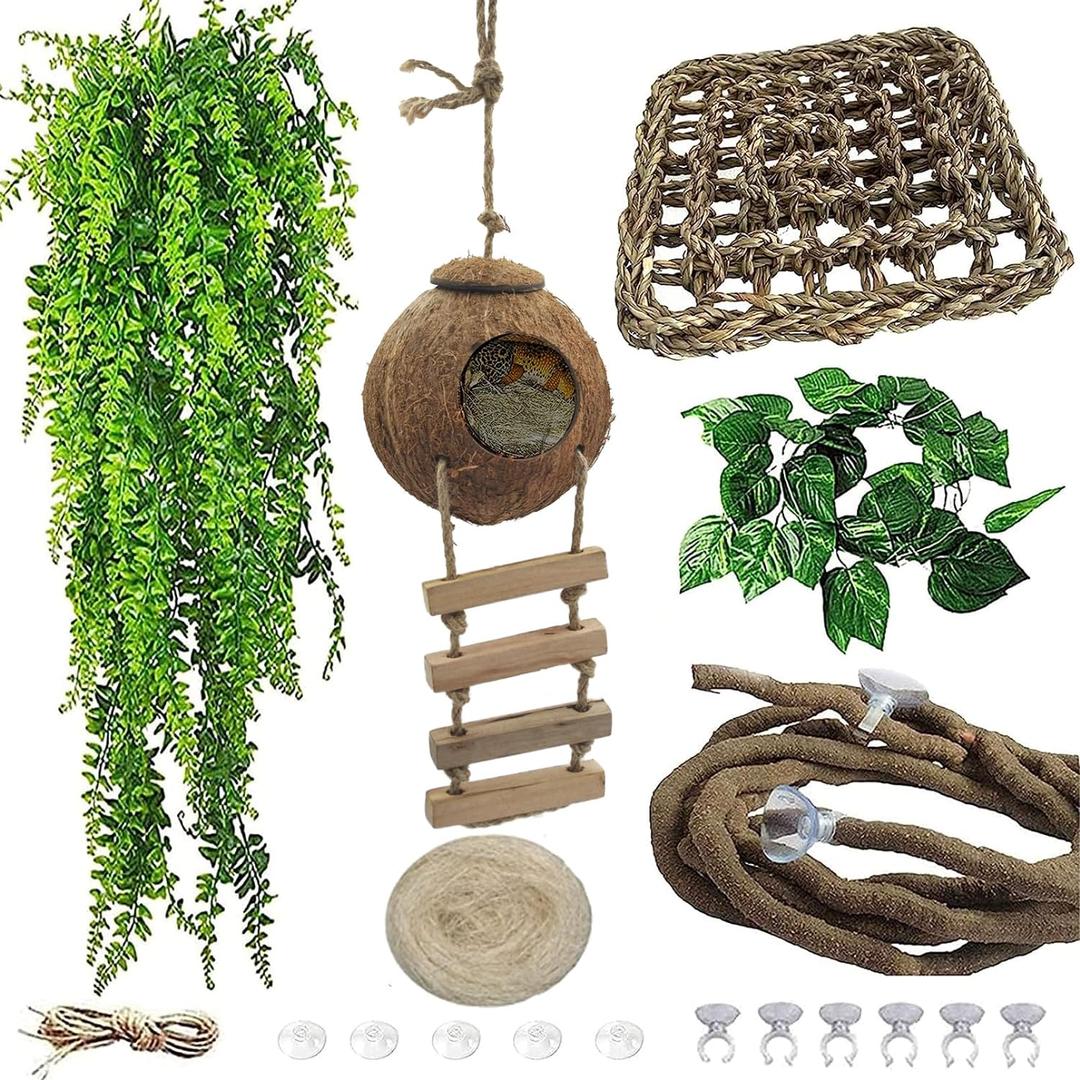 5PCS Coconut Hut for Gecko, Lizard Coco Den with Ladder and Reptile Hammock Gecko Tank Accessories Climbing Hanging Plants Jungle Vine Flexible Reptile Leaves Decor 5PCS Coconut Hut for Gecko, Lizard Coco Den with Ladder and Reptile Hammock Gecko Tank Accessories Climbing Hanging Plants Jungle Vine Flexible Reptile Leaves Decor