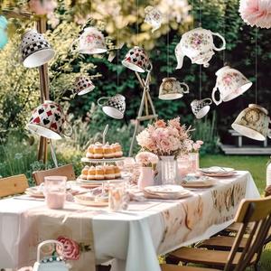 Soulchen 20 Pcs Wonderland Tea Party Decoration Hanging Banner Wonderland Teapot Garland Decoration Background for Birthday Baby Shower Party Supplies