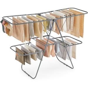 SONGMICS Clothes Drying Rack, Foldable 2-Level Laundry Drying Rack, Free-Standing Laundry Airer, with Height-Adjustable Wings, 33 Drying Rails, Sock Clips, Gray ULLR053G02V1