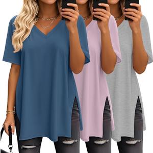 Huukeay 3 Pack Oversized Shirts for Women V Neck Workout T Shirt Casual Side Split Tee Short Sleeve Loose Tops Tunic Tops (XL)