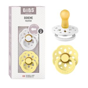 BIBS Boheme Pacifiers 2 Pack BPA Free Cherry Shape Nipple | White/Sunshine | Size 6-18 Months