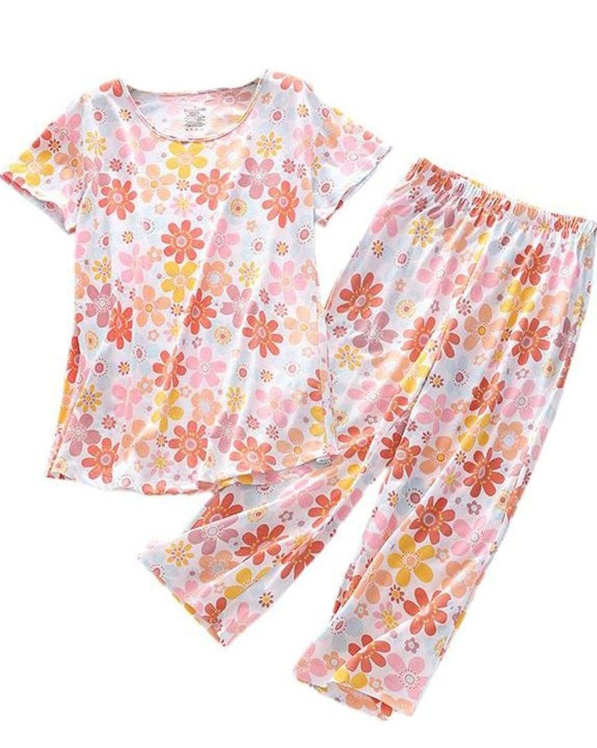 Lu's Chic Women's Capri Pajama Set Loungewear Pant Sleepwear Short Sleeve Summer Cotton Cute Elastic Band Lounge 3XL