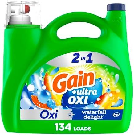 Gain Ultra Oxi Liquid Laundry Detergent, Waterfall Delight Scent, 194 fl oz, 134 loads, Freshness + Odor Fighting, High efficiency washing machine iquid cleaning soap