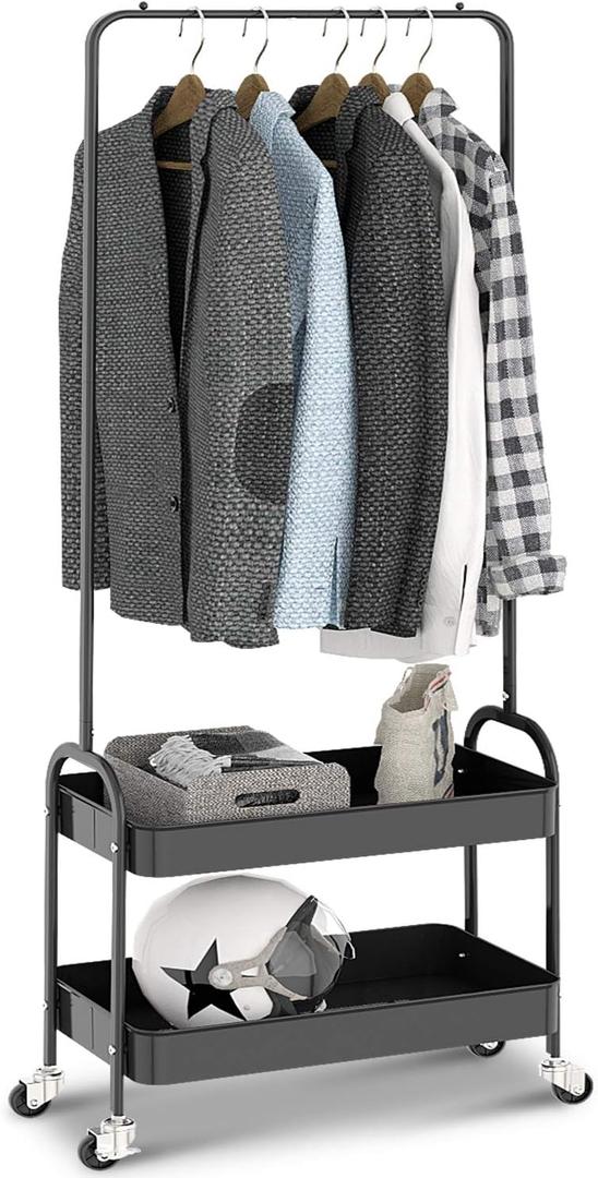 KINGRACK 2-in 1 Garment Rack, Clothing Rack with 2 Tier Metal Basket, Rolling Storage Cart Clothes Organizer Coat Rack Storage Stand on Wheels, for Home Bedroom Laundry Small Place Entryway, Black (Large)