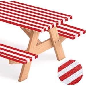 SmoothNovelty Picnic Table Cover with Bench Covers 72 x 30 Inch Waterproof Elastic Fitted Outdoor Stripe Tablecloth for 6 ft Rectangle Tables, School Camping Accessories Park(Red and White)