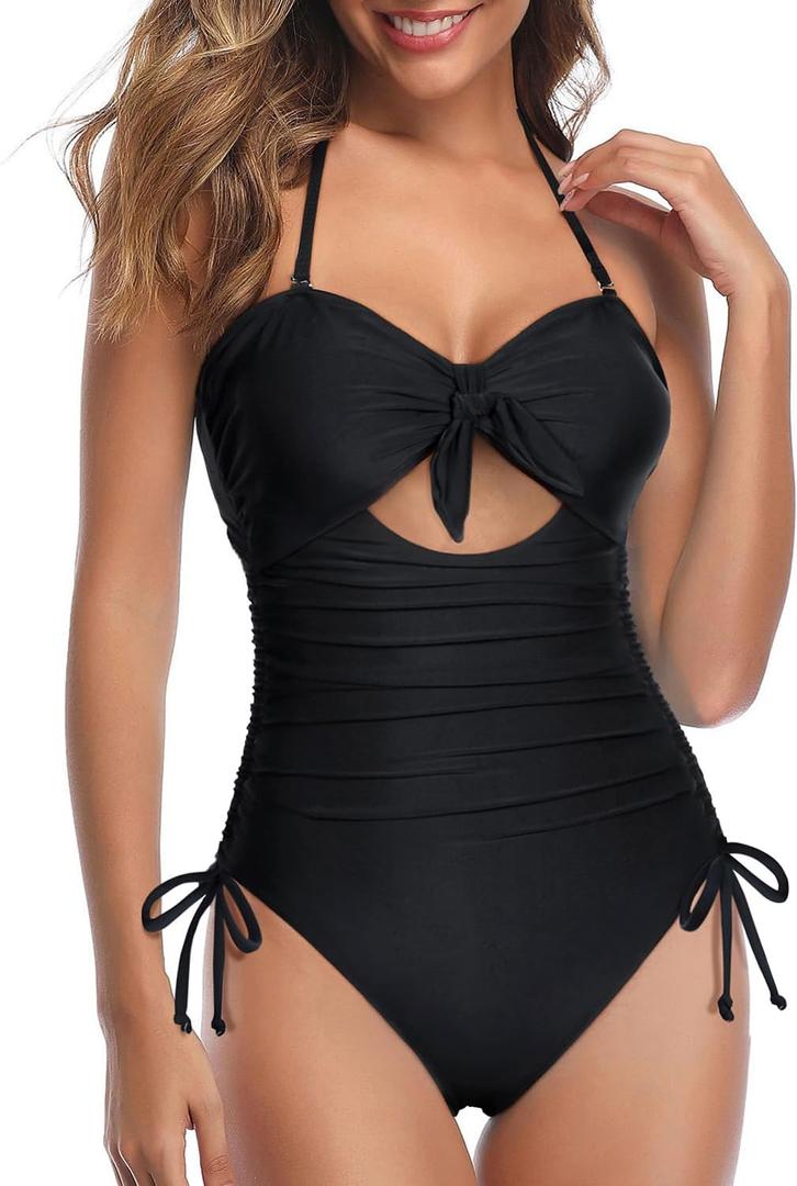 Tempt Me Women Sexy Cutout One Piece Swimsuits Tummy Control High Waisted Halter Front Tie Knot Bathing Suit (Small, Black 2)