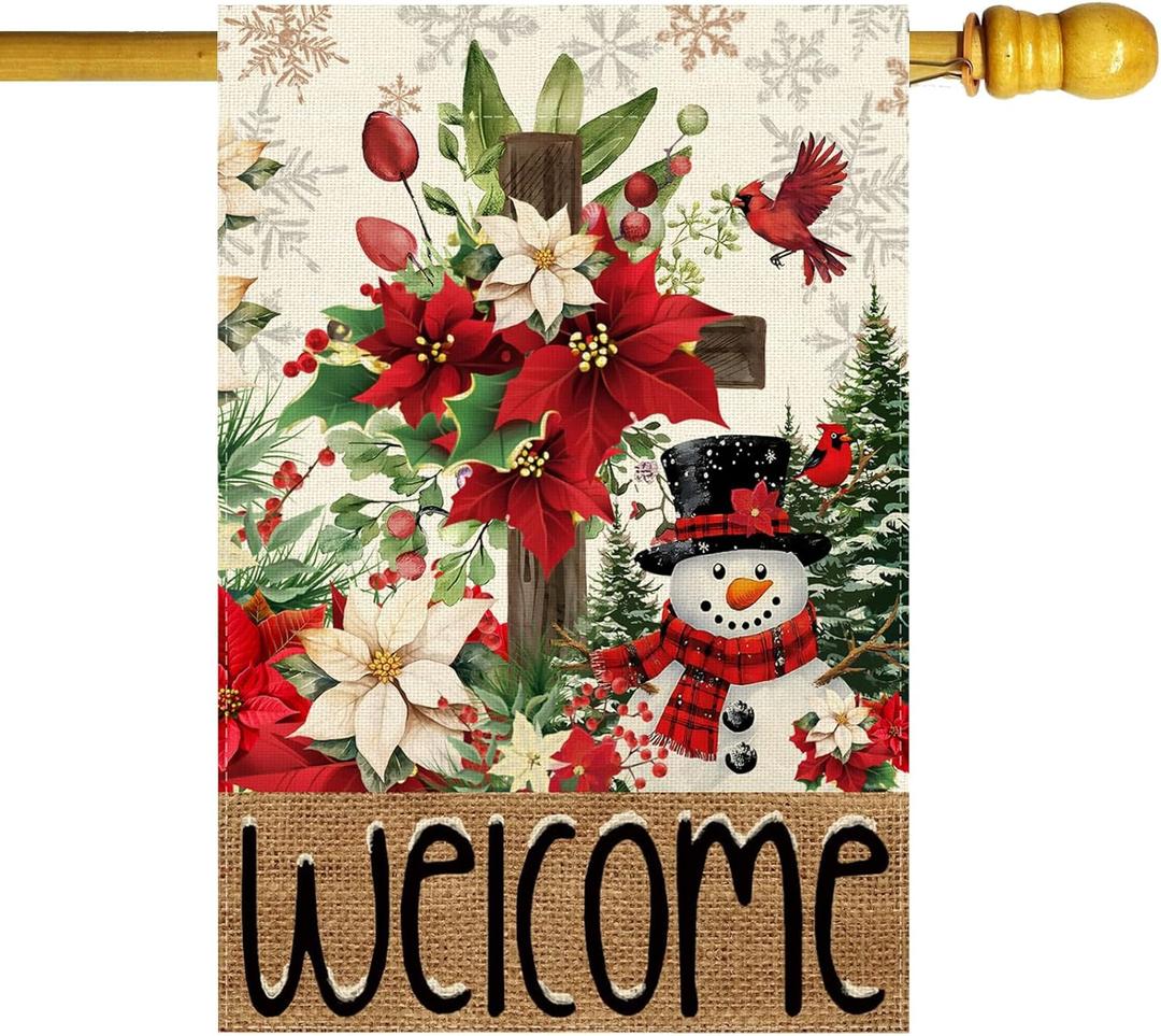 Welcome Winter Cross Poinsettias Snowman Pine Trees Christmas House Flag large 28X40 Inch Big Vertical Double Sided Yard Outdoor Outside Holiday Decoration