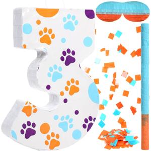 Number 3 Blue Dog Paw Piata with Bat Blindfold and Confetti 3rd Birthday Party Decoration Anniversary Celebration, 16 x 11 x 2.8 Inches Small