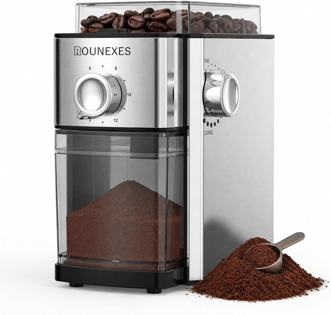 Flat Burr Coffee Grinder Electric,Adjustable Coffee Grinder for Home Use, Burr Mill Grinder with 17 Levels, Large Bean Hopper & Removable Container, silver