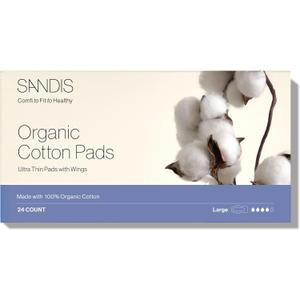 SANDIS Feminine Pad for Women - Large 24 Count 100% Organic Cotton Ultra Thin with Wings for Periods Menstrual Pads Sanitary Napkins Super Absorbency Leak Protection
