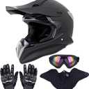 Adult Motocross Dirt Bike Helmet with Goggle, Gloves & Mask - DOT/FMVSS-218 Off-Road Motorcycle & ATV Helmet with Adjustable Sun Visor (Medium, Matte Black-188)