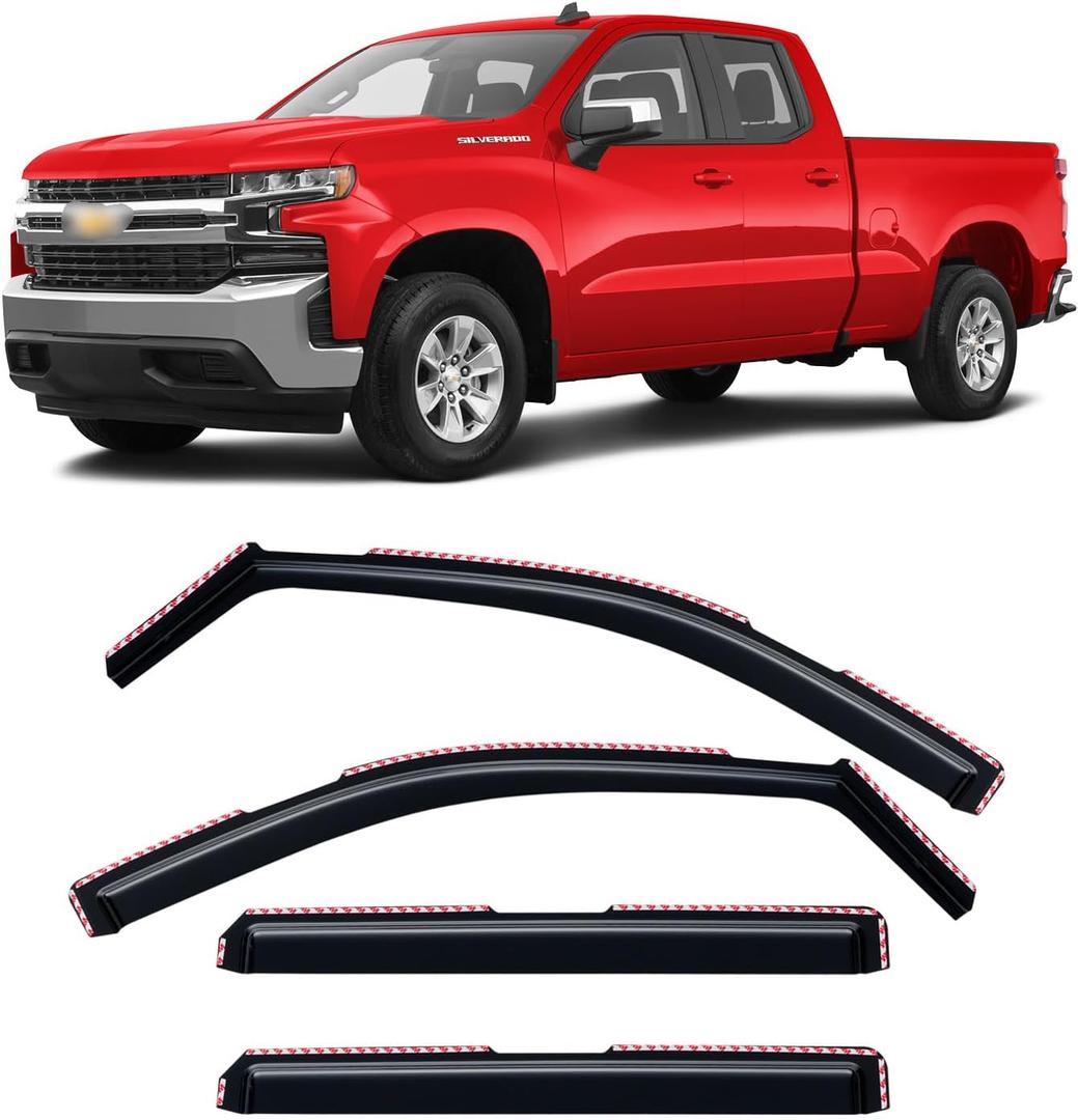 in-Channel Rain Guards for Chevy Silverado/GMC Sierra 1500 2019-2026 Crew Cab, Window Visor Shields Vent Deflector Shade Wind Dark Smoke 2020 2021 2022 2023 2024 2025, Tape-On Outside-Mount, 4PCS