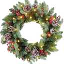 24 Inch Prelit Christmas Wreath, Artificial Christmas Wreath for Front Door , Pine Cones, Pine Needles, and Red Berries, Reef for Door Window Mantel Indoor/Outdoor Home Decoration